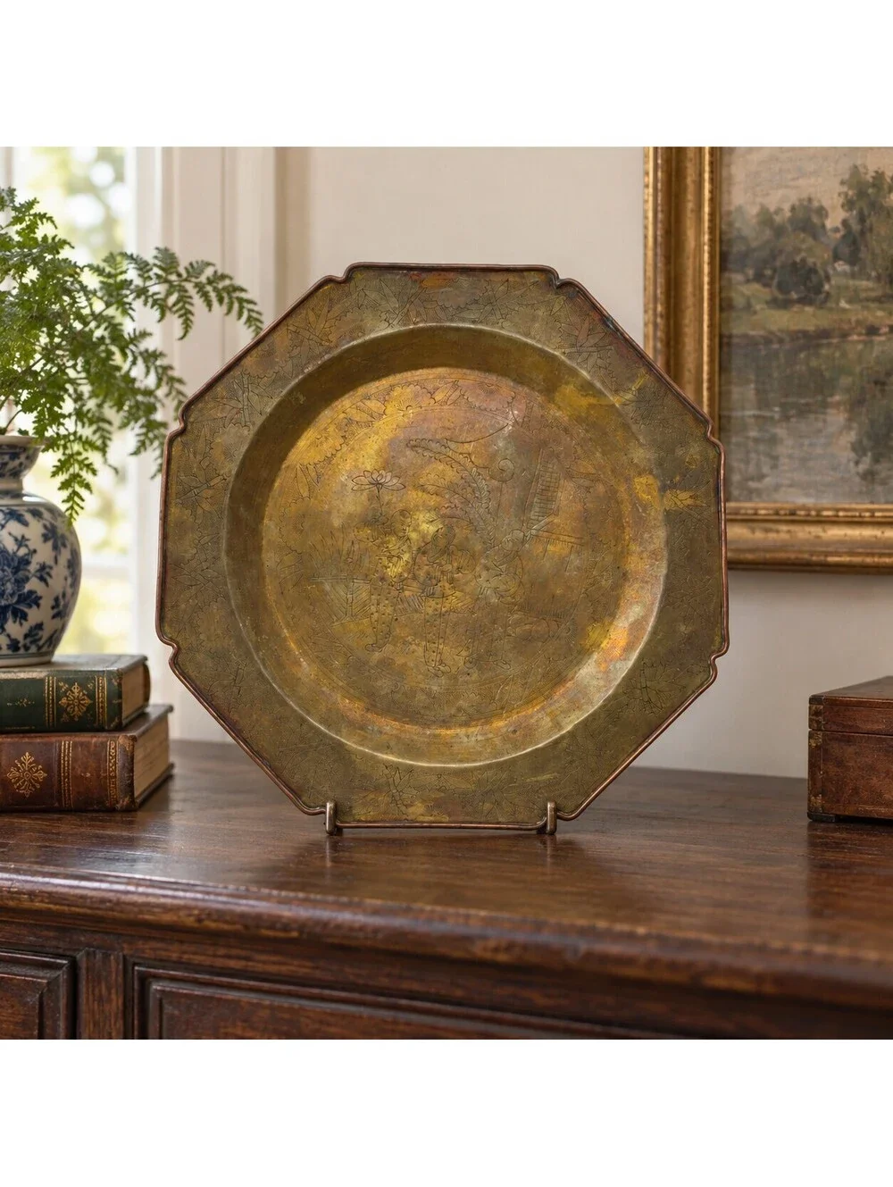 Vintage Chinese Etched Brass Tray 13” Scalloped Chinoiserie Wall Decor